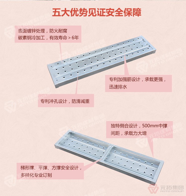 元拓 湖北廠家銷售鋼模板 鋼跳板 質(zhì)量可靠 供應直銷 五大優(yōu)勢見證安全保障，表面鍍鋅處理，防火耐腐，碳素鋼冷加工，壽命大于6年，加強筋設計，專業(yè)沖孔，防滑設計，