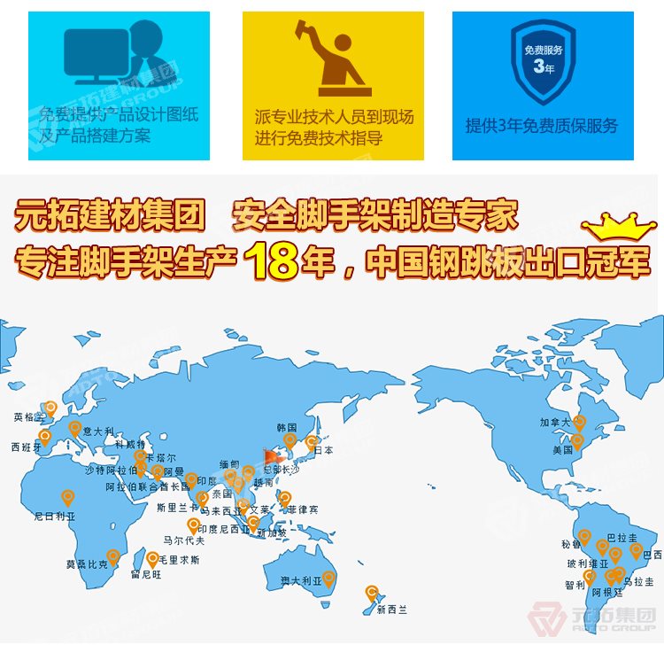 元拓建材集團，安全腳手架制造專家！專注腳手架生產(chǎn)18年，中國鋼跳板出口冠軍！